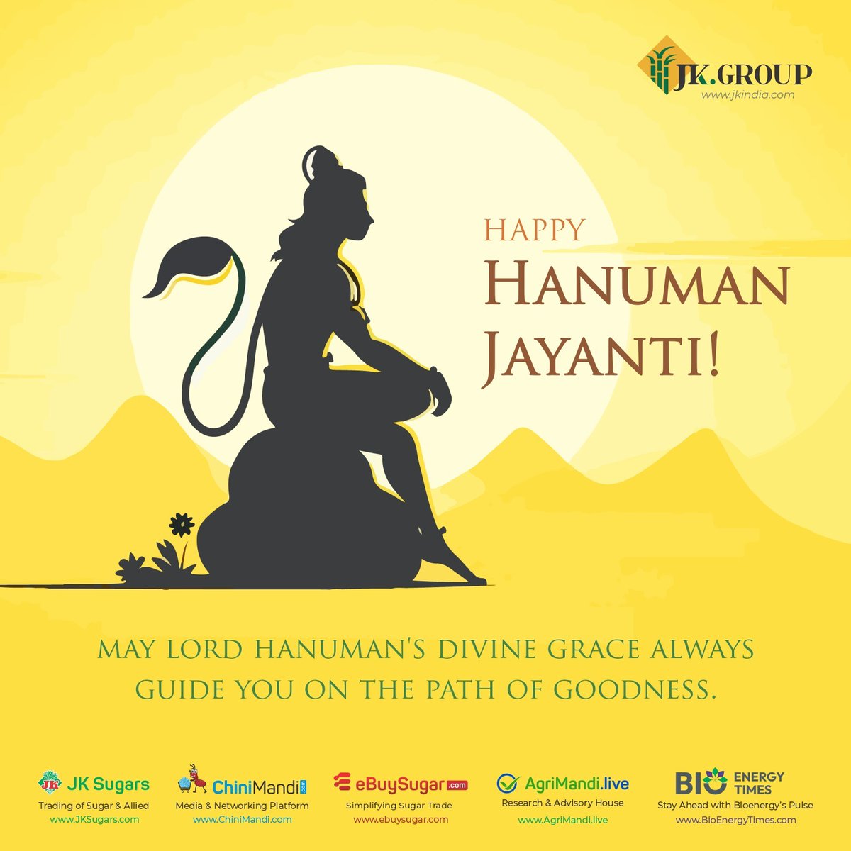 May Lord Hanuman give you wisdom, strength, and courage to face challenges and live a happy, peaceful life. Happy Hanuman Jayanti!🙏#hanumanjayanti #festival #India #JKGroup #Indianfestival @ChiniMandi @eBuySugar @AgriMandiLive @BioenergyTimes