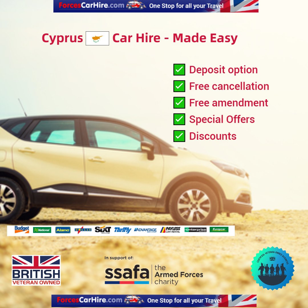 #Cyprus 🇨🇾 #CarHire SAVERS
➡️ 10% off selected Airport Rentals
#Paphos
🚘 cutt.ly/Dw5pQbRC
#Larnaca
🚘 cutt.ly/8w5pQ3gA
Supporting @SSAFA & @Blesma
#discount #holidaycarhire #carrental #travel #holidays #holidaydeals #forces #veterans #expats #forcescarhire #MHHSBD