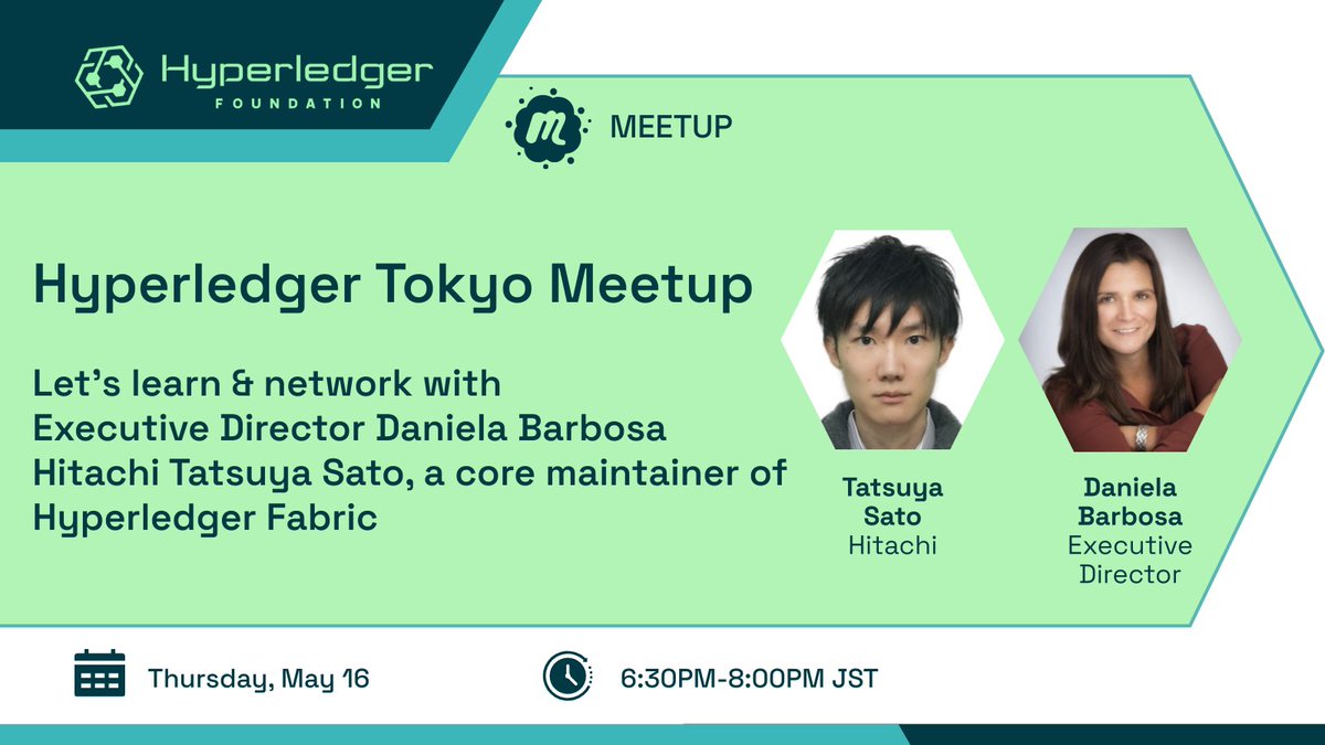 5/16開催 Hyperledger Tokyo Meetup #Hyperledger エグゼクティブディレクターDaniela Barbosaを迎えて Danielaが最新情報を共有し質疑応答や交流を行います また、Hyperledger Fabric開発をリードするコアメンテナの1人日立製作所の佐藤竜也さんにお話をお伺いします 詳細: hubs.la/Q02tsFsH0