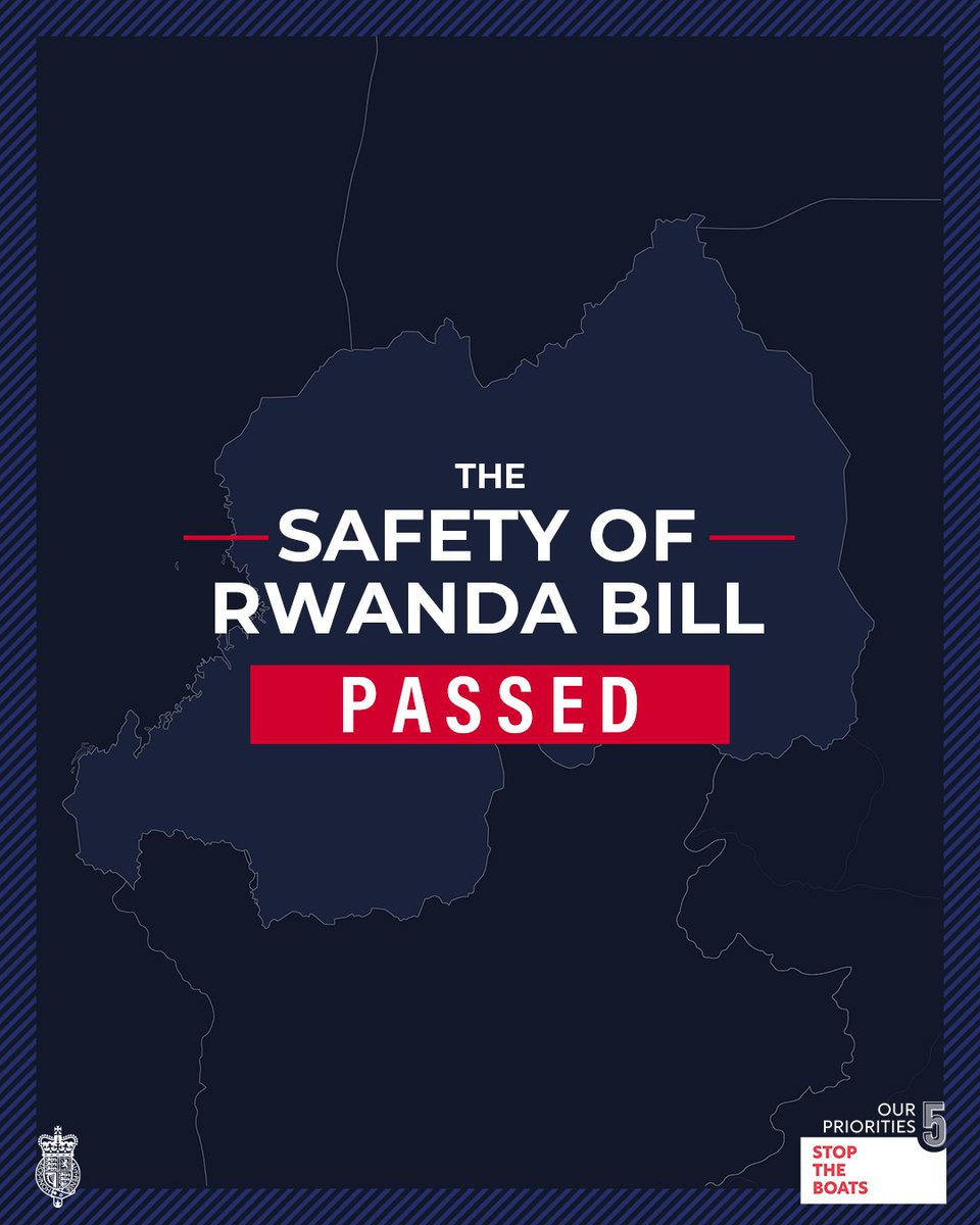 The Safety of Rwanda Bill has passed Parliament and will become law. This landmark Bill will prevent legal challenges being used to delay the removal of asylum seekers to Rwanda.