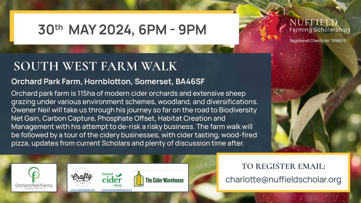 📆 Join our South West #NuffieldFarming group for a farm walk. 

 🐑 🍎 Visit Orchard Park Farm for a farm walk, cidery businesses tour & tasting, wood-fired pizza, updates from current Scholars & discussion time.

 📩Contact charlotte@nuffieldscholar.org to register.
