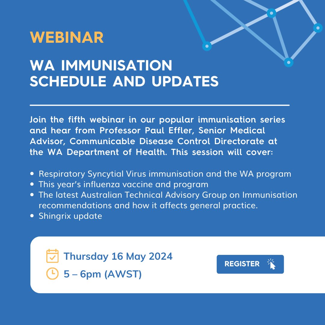 Join the fifth webinar in our popular #immunisation series and hear from Professor Paul Effler, Senior Medical Advisor, Communicable Disease Control Directorate at the @WAHealth. 
wapha.org.au/event/immunisa…