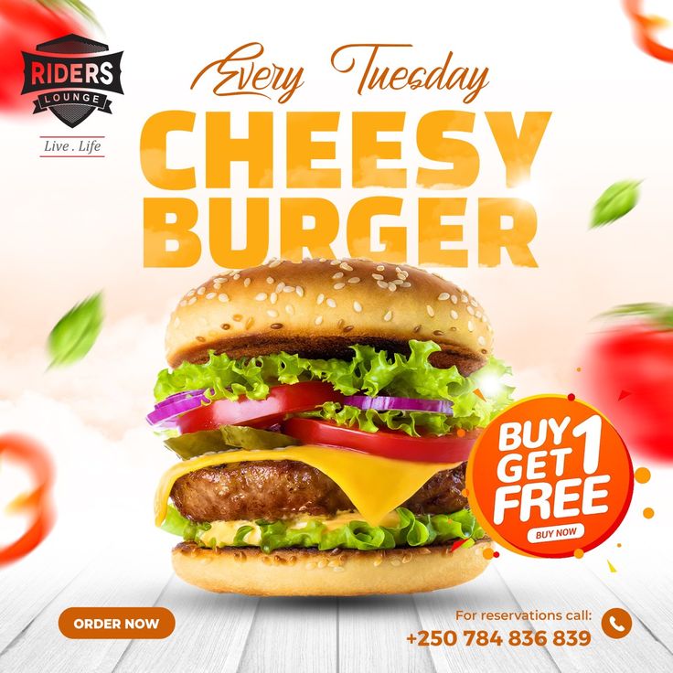 Buy 1 burger and get 1 FREE! 

🍔 Craving a juicy burger? 
Don't miss out on Riders Lounge Kigali's Burger Promo every Tuesday! 

Bring a friend and indulge in deliciousness.
 🎉 #BurgerPromo #RidersLoungeKigali #TuesdayTreats 🍔

@followers @vubavubarw @RushFoodsRwanda
