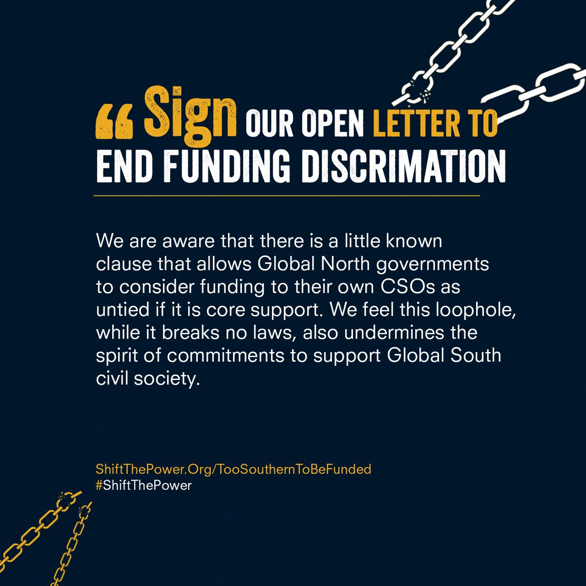We're stronger together. Sign our open letter &amp; say NO to a system that has excluded Southern CSOs from directly accessing funding from Northern debt agencies because being "too southern" shouldn't mean being excluded from funding processes. shiftthepower.org/toosoutherntob… #ShiftThePower