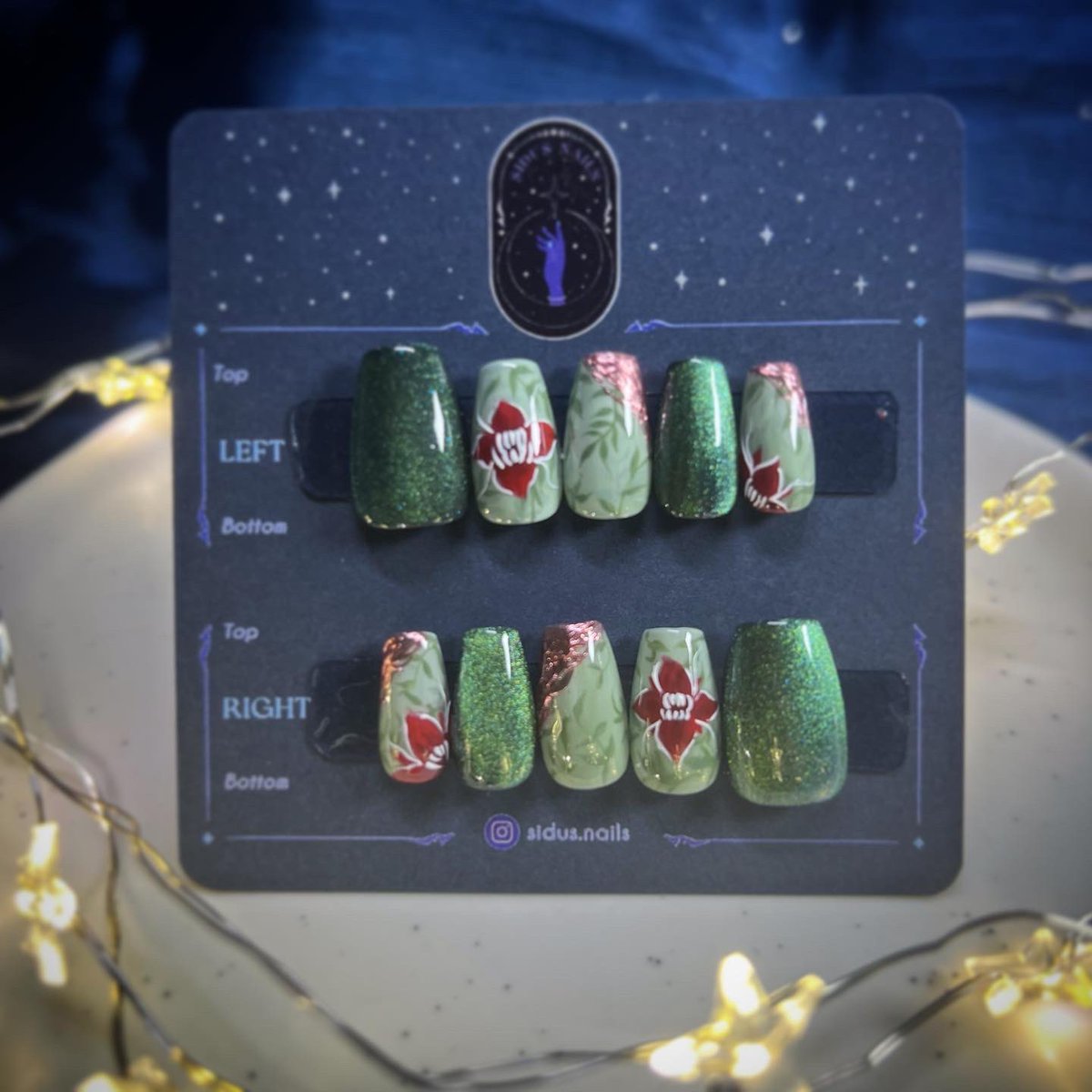 SidusNails's tweet photo. A commission for a set of Poison Ivy inspired nails~ 🌿🌺
.
.
.
#naildesign #nails #nailart #pressonnails https://t.co/NHbDSBZ469