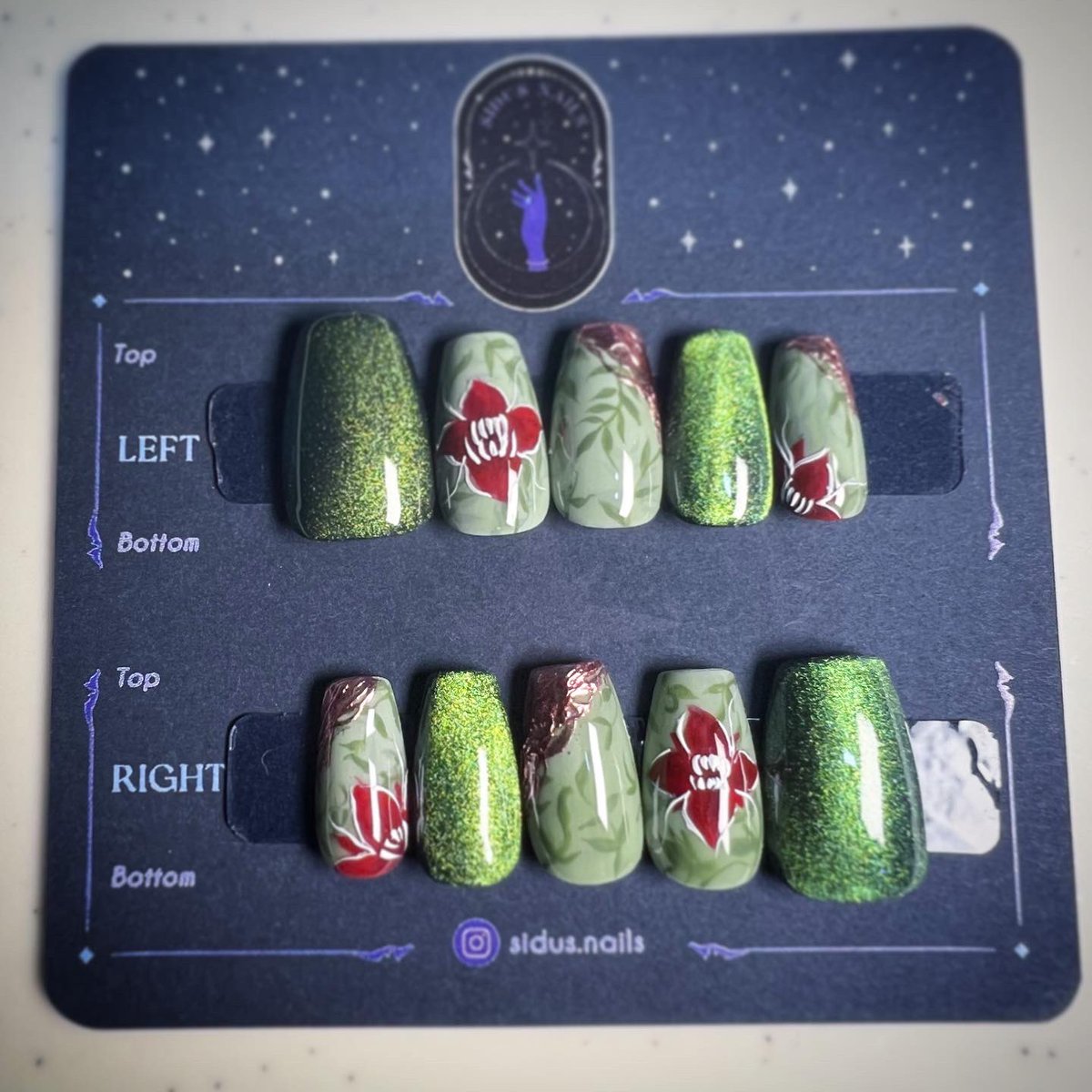 SidusNails's tweet photo. A commission for a set of Poison Ivy inspired nails~ 🌿🌺
.
.
.
#naildesign #nails #nailart #pressonnails https://t.co/NHbDSBZ469