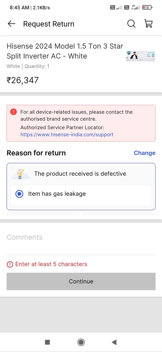 PolkEvent1153's tweet photo. @flipkartsupport @Flipkart @Hisense_IND When I tried to initiate return/replace request on Flipkart app they did not accept my request &amp; I was told to contact Hisense customer service. Hisense service personnel came to inspect my AC &amp; told me to wait for another 7 days. Not expected this kind of service from @Flipkart. https://t.co/kuws7gJHWX