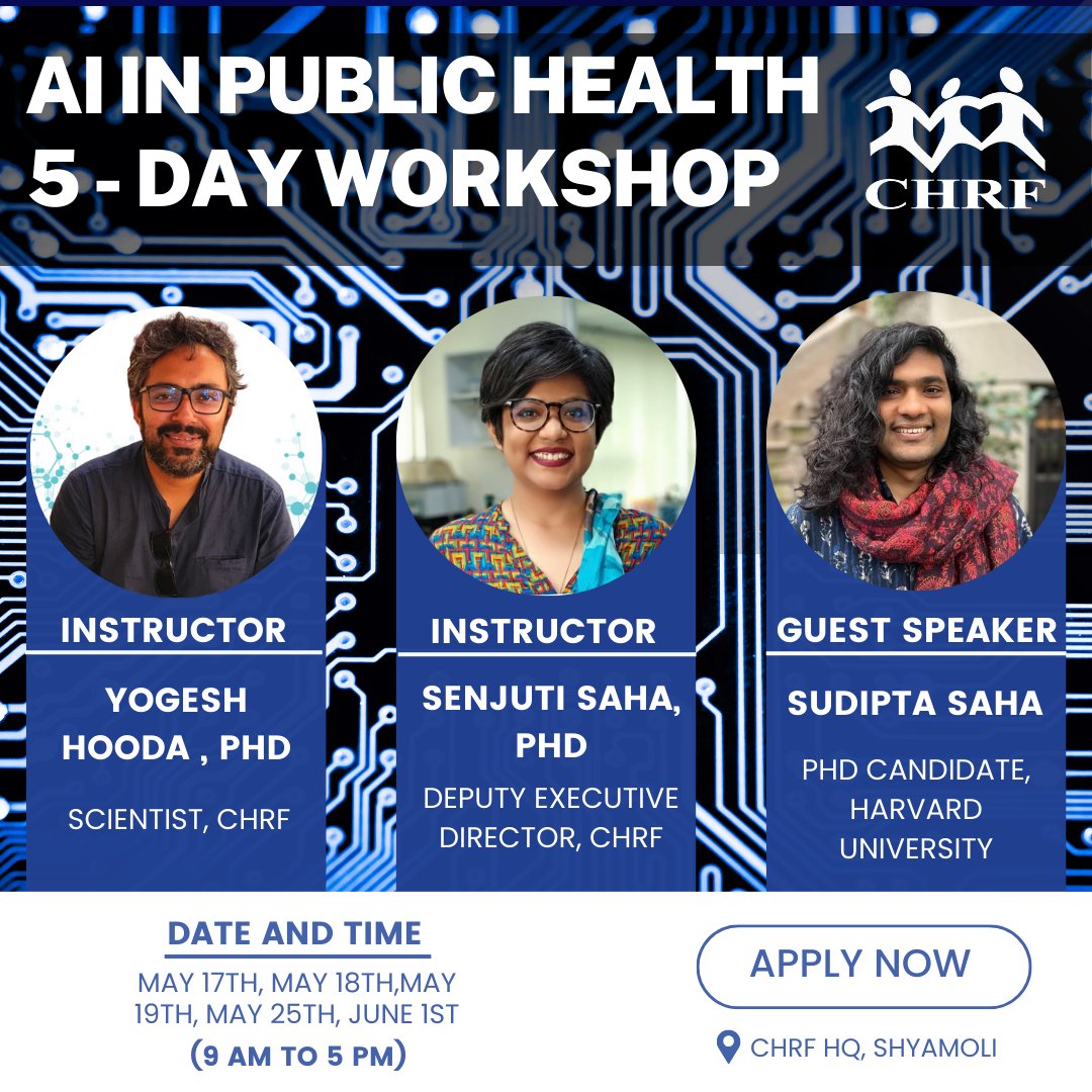 Our 5-day AI for public health workshop is now open for applications! To apply, visit: chrfbd.org/pages/building…