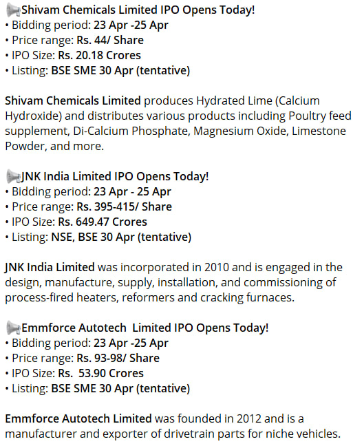 #IPO Open to Apply: Shivam Chemicals Limited, JNK India Limited, Emmforce Autotech Limited

#ThinkSabioIndia #ShivamChemicals #JNKIndia, #EmmforceAutotech #IPO #StockMarketIndia #Investing #IndianStockMarketLive #StockMarketNews #StockMarketEducation #IndianStockMarket