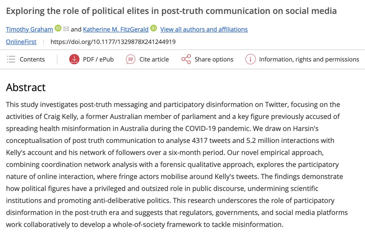 🚨Excited to share our recent publication, “Exploring the role of political elites in post-truth communication on social media” (co-authored with <a href="/katemfitzgerald/">Kate FitzGerald 🌻</a>).

Fully open access at <a href="/Media_Int_Aus/">MIA</a>: journals.sagepub.com/doi/10.1177/13… 

Below is a brief explainer thread 🧵