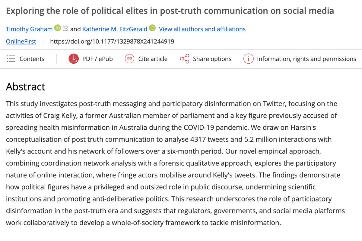 🚨Excited to share our recent publication, “Exploring the role of political elites in post-truth communication on social media” (co-authored with @katemfitzgerald). Fully open access at @Media_Int_Aus: journals.sagepub.com/doi/10.1177/13… Below is a brief explainer thread 🧵