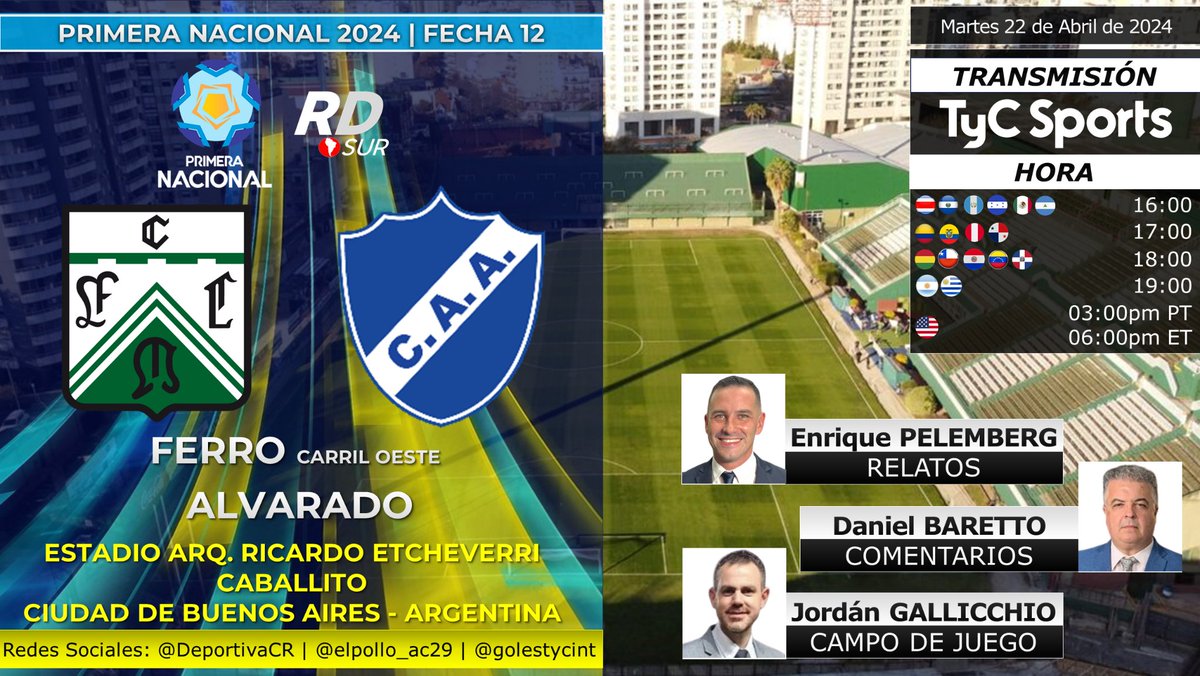 #PrimeraNacional 2024 🇦🇷 #Ferro vs #Alvarado 🎙️ Relatos: @epelemberg 🎙️ Comentarios: @DanielBaretto 🎙️ Campo de Juego: @jordangallichio 📺 TV: @TyCSports 🇦🇷 e Internacional (Latinoamérica / 🇺🇲) 📺💻 @TyCSportsPlay 🇦🇷 #️⃣ #NacionalEnTyCSports