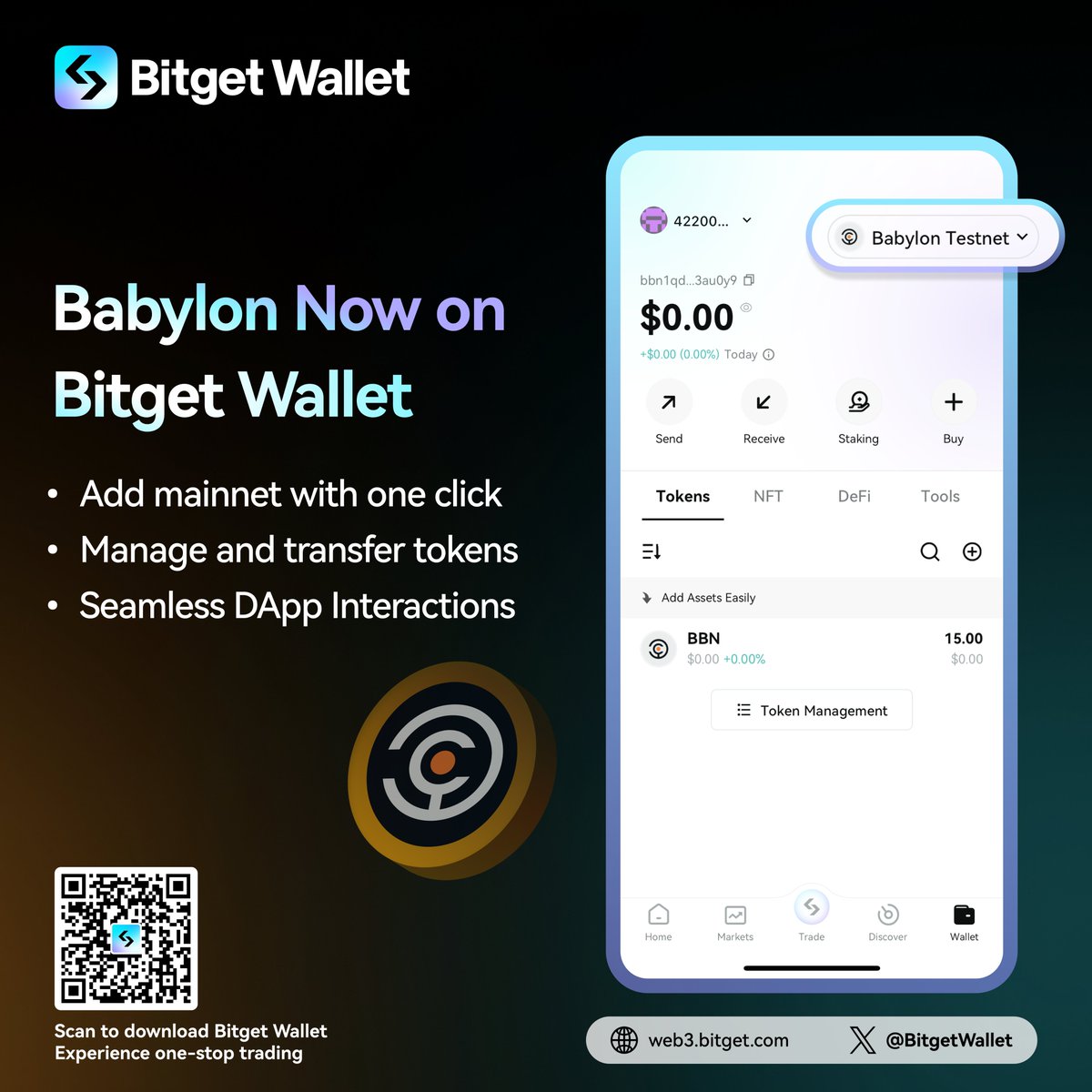 🎉 Big news! Bitget Wallet now supports the #Babylon testnet! @babylon_chain 💡 Create a Babylon testnet wallet at your fingertips 💰 Manage tokens and transfer assets effortlessly 🔥 Interact with DApps securely To get started on your Bitget Wallet app: All Mainnets > Add…