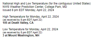 Contiguous U.S. temperature extremes for April 22, 2024 105F at Death Valley, CA 3F at Mount Washington, NH A 102F range