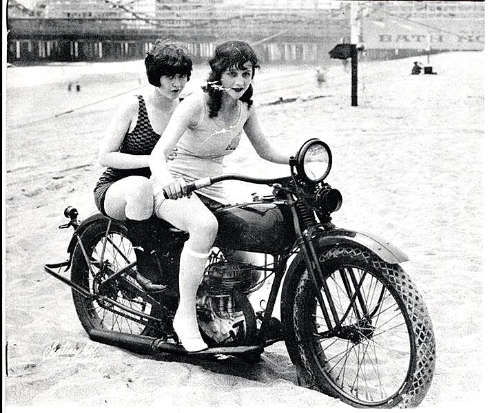 Biker flappers on the beach! Mid-1920s.