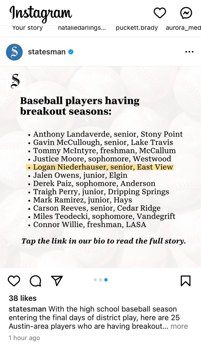 lniederhauser2's tweet photo. Proud to be named as one of the 25 Austin Area Baseball players having a breakout season by the Austin American Statesman. I’m in good company. @EVPatsBaseball @MattPullen4 @Warrior_Bsb #Senior2024 https://t.co/O04zlw2hel