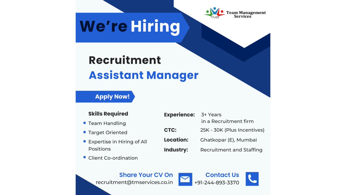 Calling all recruitment enthusiasts! Assistant Manager role awaits you!

tmservices.co.in | recruitment@tmservices.co.in | 8976709218 – 7738162338

#tms #hrmode #hr #hrservices #hroutsourcing #hrsolutions #mumbai #tuesday #recruitmentmanager #hiringassistantmanager