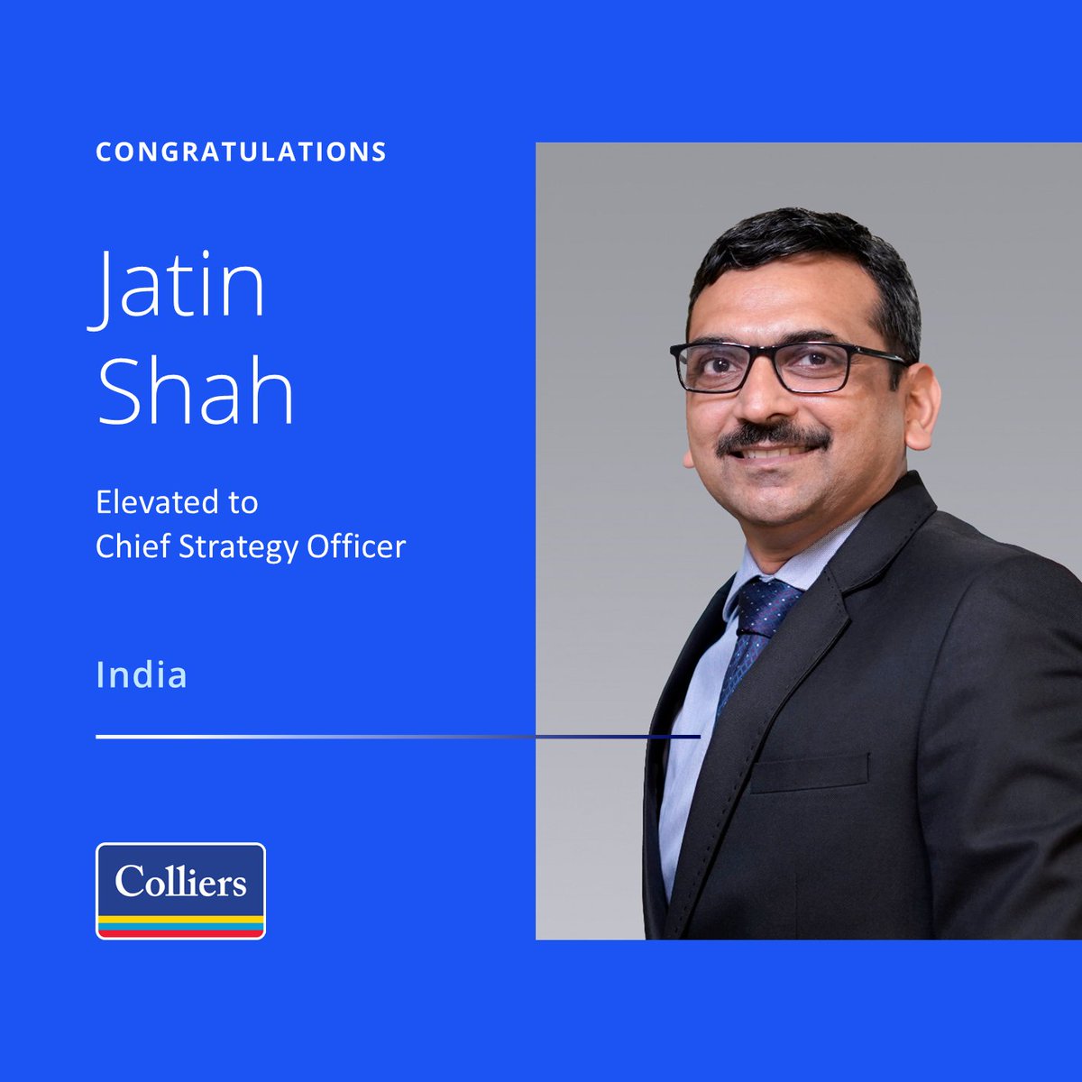 colliers_ind's tweet photo. We are pleased to share that Jatin Shah has been elevated to the role of Chief Strategy Officer, India.
To accelerate your #career with us, please visit: https://t.co/PelWA6B15h
#ColliersIndia #IndiaRealEstate #AcceleratingSuccess #growth #IndustryLeaderUpdate #BeEnterprising https://t.co/yqZNbAwi33