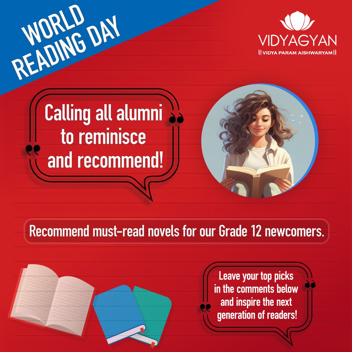 Alumni, let's turn back the pages and inspire! Recommend your favorite must-read novels for our Grade 12 newcomers. Share your literary gems in the comments below and ignite the passion for reading in the next generation! 

#vidyagyanalumni #AlumniRecommendations #ReadingDay