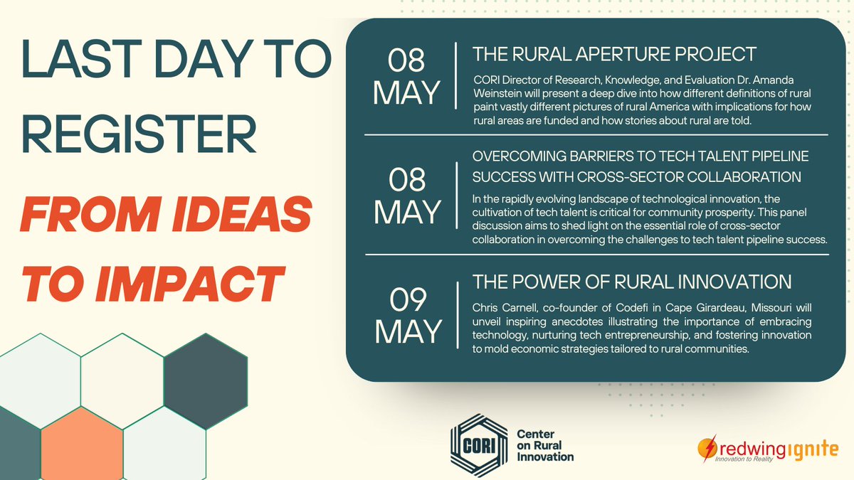 📣 Today is the LAST DAY to register for From Ideas to Impact. Here’s a sneak peek into what you don’t want to miss Grab your seat now: share.ruralinnovation.us/2024-cori-conf…