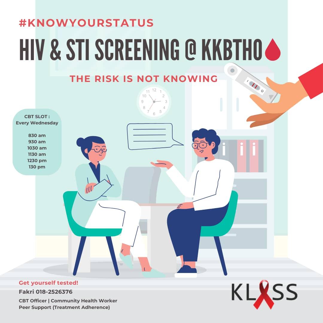 Slot Ujian Saringan HIV & STI PERCUMA (CBT) di Klinik Kesihatan Bandar Tun Hussein Onn (KKBTHO), Cheras - Rabu 24/4/2024 ❤️ 🟢 830 am 🔴 930 am 🟢 1030 am 🟢 1130 am 🟢 1230 pm 🔴 130 pm Book here : tinyurl.com/cbtwfakri For inquiry : wa.link/ge5qie @klass_my