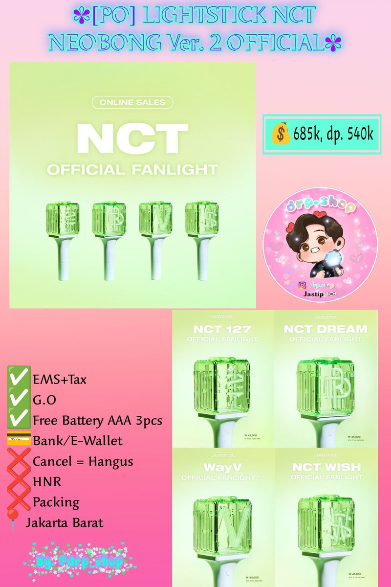 drp_shop's tweet photo. HELP RT🌹

[PO] LIGHTSTICK NCT NEOBONG VER. 2 OFFICIAL
💰685k, dp. 540k
❁ NCT 127, NCT DREAM, NCT WISH, WayV

𝐅𝐨𝐫𝐦 𝐎𝐫𝐝𝐞𝐫 : 
https://t.co/1WDkXfdY0D

✅EMS+Tax
✅G.O
✅Free Battery AAA 3pcs
💳Bank/E-Wallet
❌Cancel = Hangus
❌HNR
❌Packing
📍Jakarta Barat
#NEOBONG_Ver2 https://t.co/3HohAhT3rw