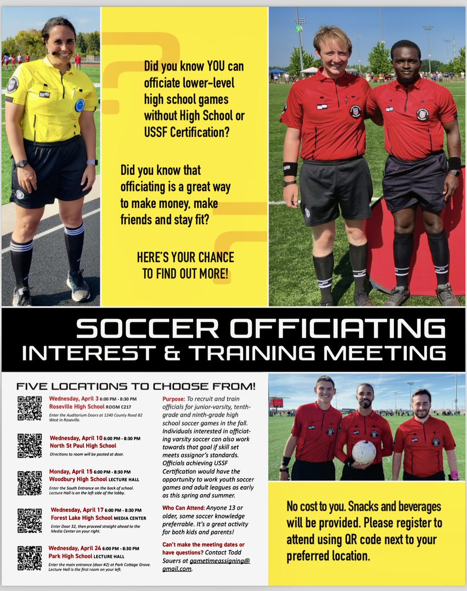 We are looking for soccer officials at every level. Interested? We are having an information meeting on Wednesday at Park. @MSHSL_Officials