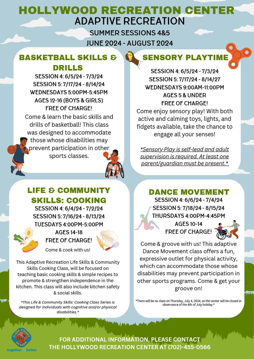 Hollywood Recreation Center is now accepting registrations for their adaptive recreation courses including Cooking, Basketball Skills, Dance Movement, and Sensory Playtime. For more information or to register go to clarkcountynv.gov/government/dep….