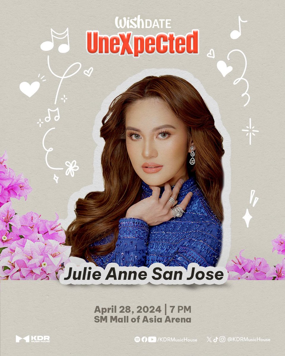 KDRMusicHouse's tweet photo. Are you ready to see Julie Anne San Jose on the Wish Date concert stage?

Don't miss the #WishDateUnexpected happening on April 28 at the SM Mall of Asia Arena. Save the date!

@MyJaps https://t.co/6saSNsKw1A