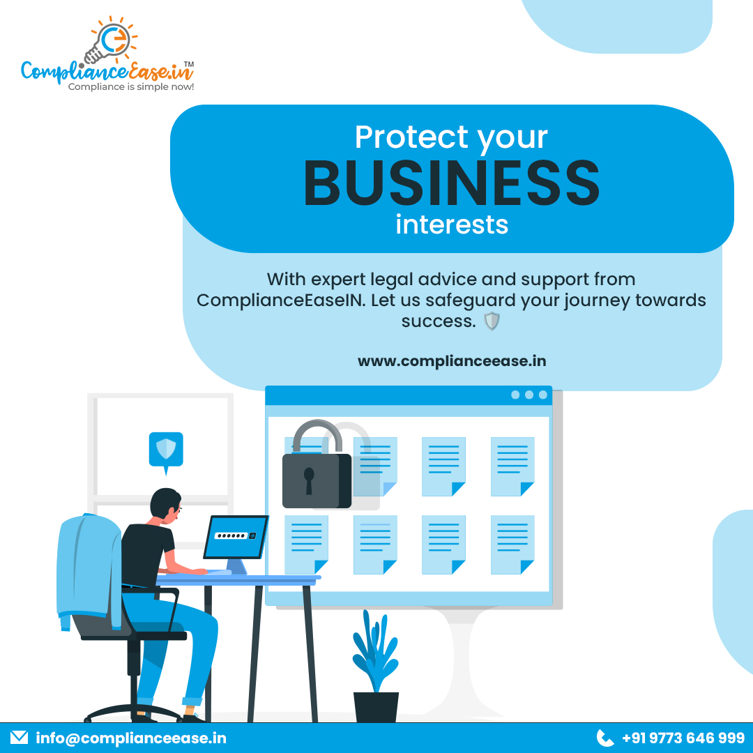 'Protect your business interests with expert legal advice and support from ComplianceEaseIN. 
Let us safeguard your journey towards success. 🛡️ 

#LegalSupport #BusinessProtection #startupguruom #ComplianceEaseIN  #LegalAdvisory #LegalGuidance #BusinessSecurity #LegalConsultancy