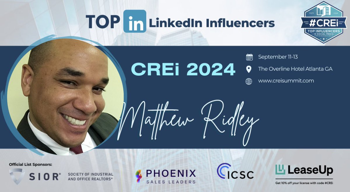 BuckeyeRidley's tweet photo. Honored to be Named to the 2024 @creisummit Top @LinkedIn Influencers List! Major Thanks to @kenashley & Nick Luczyszyn on the Recognition. Check out https://t.co/6UIssXwjYp for the 2024 CREi Summit! #CREiSummit #CREi #CRE #LinkedIn
#MotivationMonday #MondayMotivation #Macerich https://t.co/1SvUhzF7a5