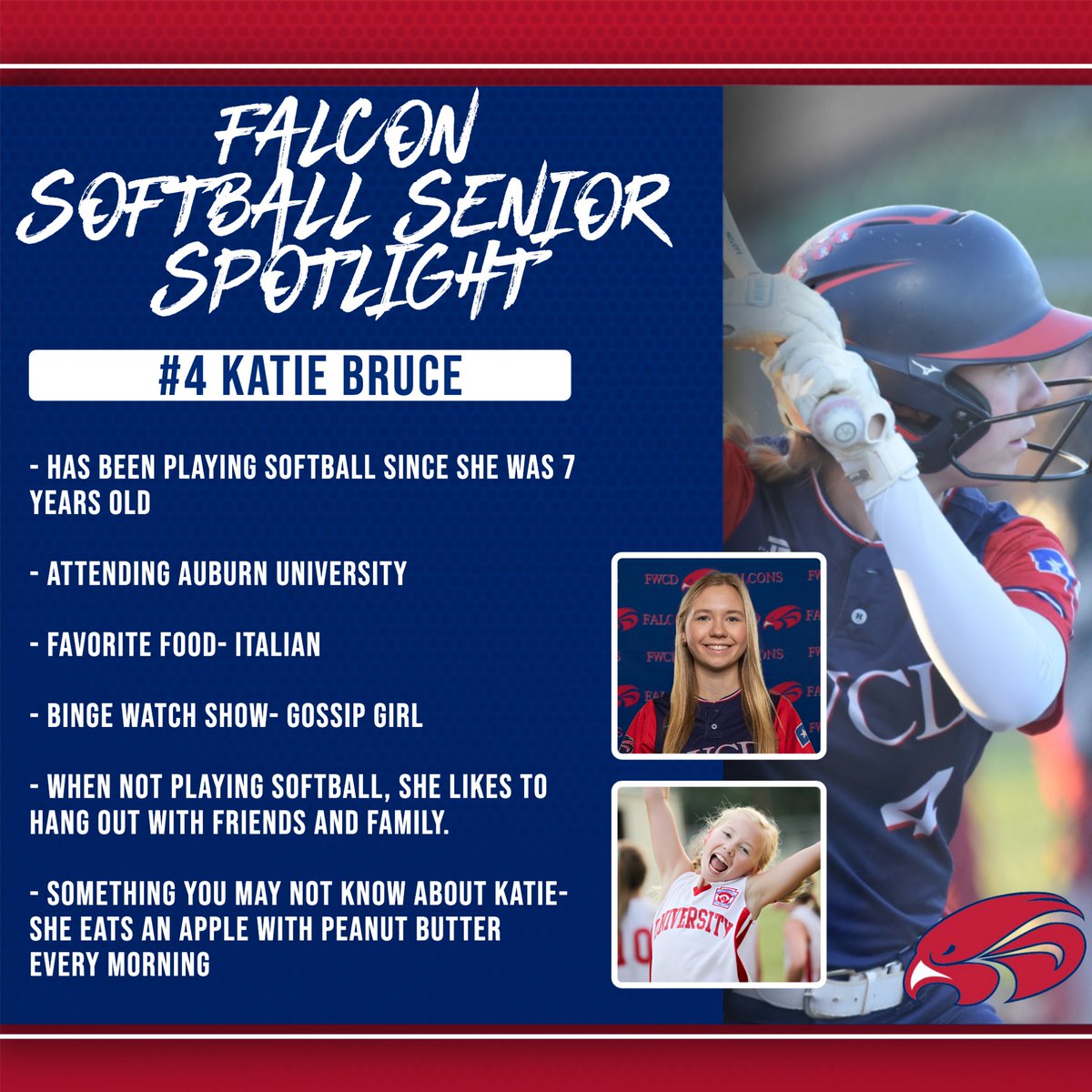 It's Senior Recognition Week and we are starting with our favorite shortstop and backup catcher, #4 Katie Bruce!!! #LEAD #FWCD #FlyHigher