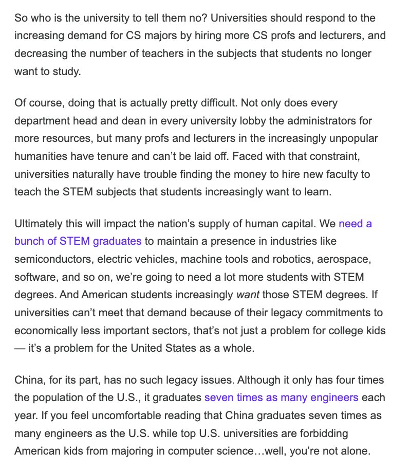 'American students increasingly want those STEM degrees. If universities can’t meet that demand because of their legacy commitments to economically less important sectors, that’s not just a problem for college kids — it’s a problem for the United States.....' - @Noahpinion
