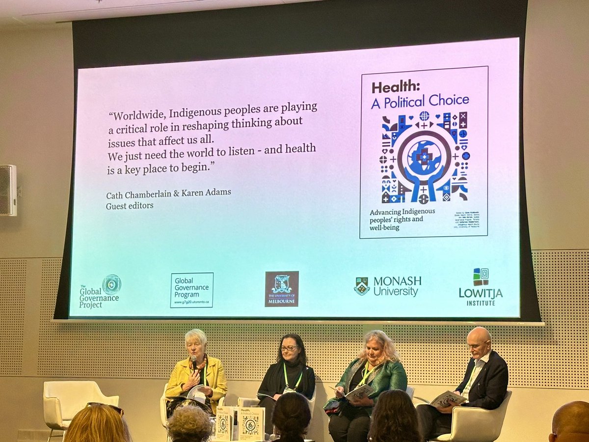 At the #WHSMelbourne2024 launch of Health: A Political Choice. Advancing Indigenous People's rights and wellbeing with Guest Editors Prof Karen Adams from #Gukwonderuk and Prof Cath Chamberlain, @IlonaKickbusch and WHS President Axel R. Pries. Read here: bit.ly/hapc-IH