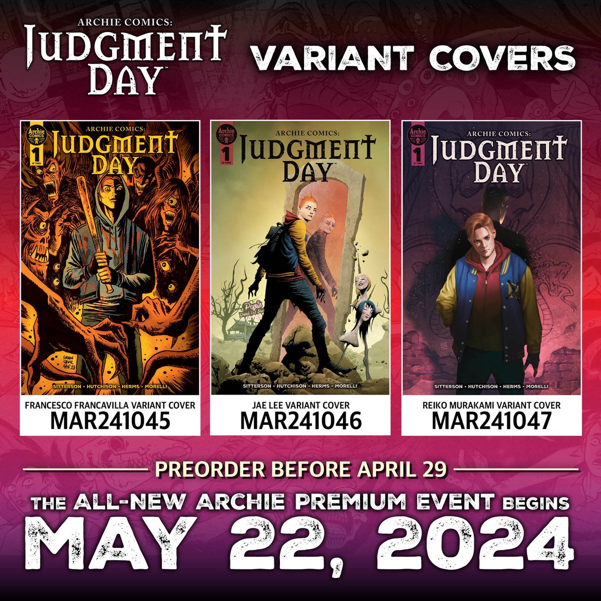 Archie Comics: Judgement Day is almost upon us 😈 🔥 The first ever Premium Event from @ArchieComics Horror is coming May 22nd to your local Arsenal! This is a certified Arsenal MUST READ pick! @aubreysitterson and @blackem_art have crafted your new favorite horror story! A