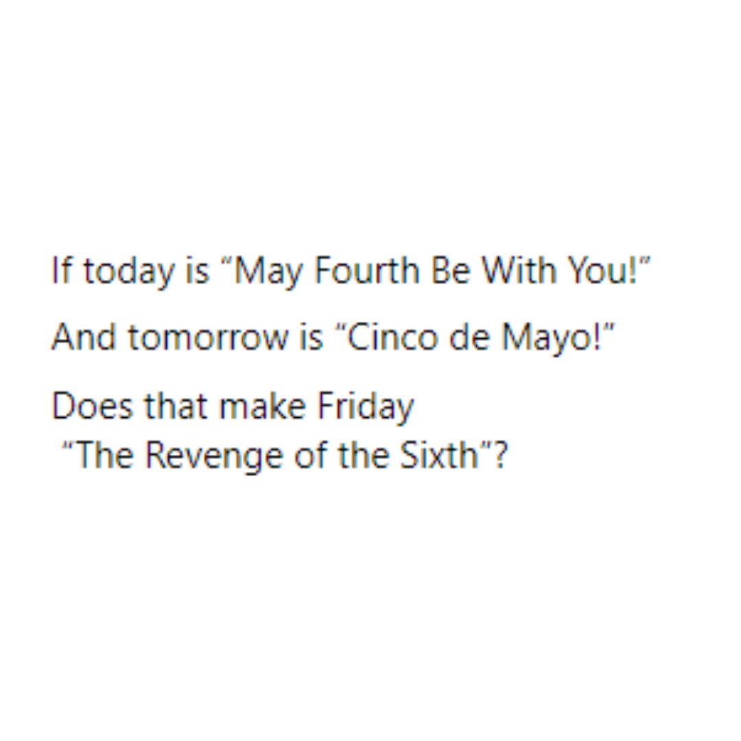NATIONAL STAR WARS DAY

May the Fourth be with you each year on National Star Wars Day. Or is it, "May the force be with you?" It all depends on whether you like using puns or not.
nationaldaycalendar.com/national-day/n…
#thecartlincarts