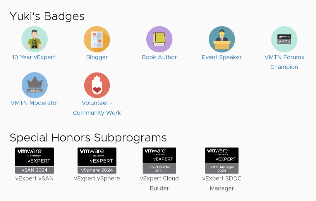 久々に #vExpert Subprogram が Profile に復活し、一応本職となる vSphere / vSAN / VCF 系は確保、ただ VCF が2つに別れている理由は未だによくわからん...🤔 Cloud Management も応募してみたけど VCF と同じ内容だと流石に落とされた😇 vexpert.vmware.com/directory/477 #VMware #vCommunity