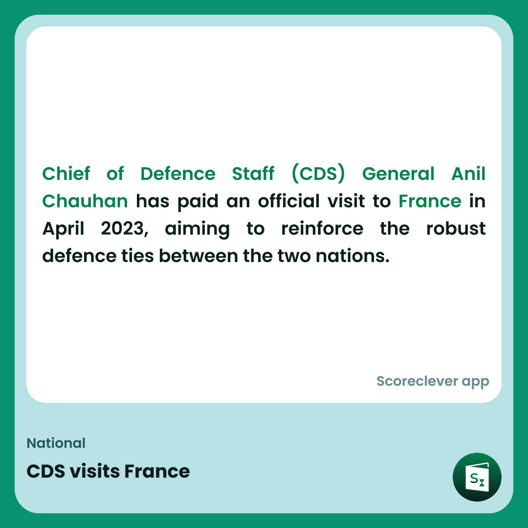 🟢🟠 𝐈𝐦𝐩𝐨𝐫𝐭𝐚𝐧𝐭 𝐍𝐞𝐰𝐬: CDS visits France

Follow Scoreclever News for more

#ExamPrep #UPSC #IBPS #SSC #GovernmentExams #DailyUpdate #News