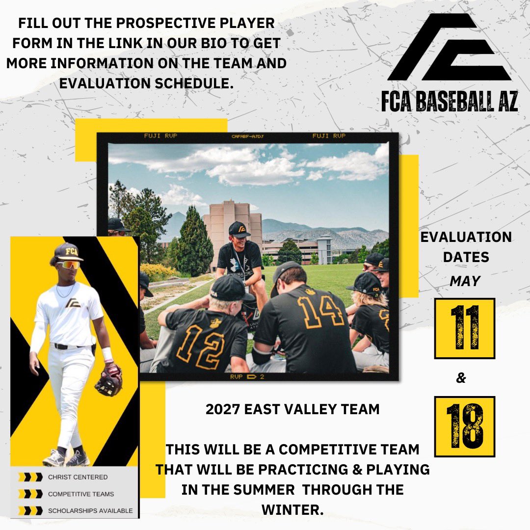 We are looking for players for our newest FCA Baseball roster - 2027 East Valley! Two workouts for prospective players will be held in May. Tournament play will begin in July and run through the winter. Please fill out player profile for more info - azfca.org/arizona-fca-ba…