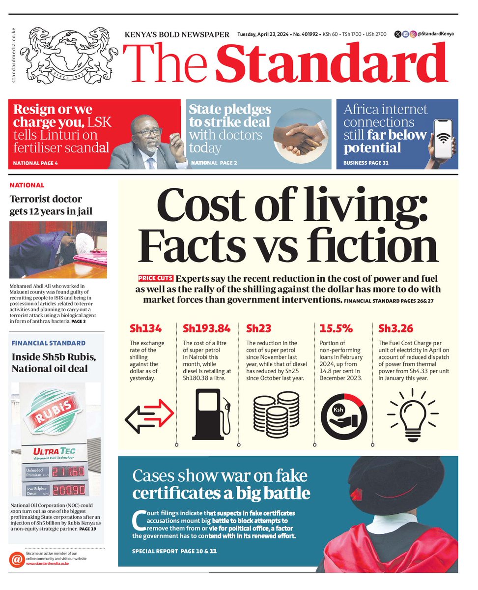 Front Page News: Cost of living: Facts vs fiction. Subscribe to the epaper on epaper.standardmedia.co.ke to read these and more stories. #FactsFirst #MorningVybez