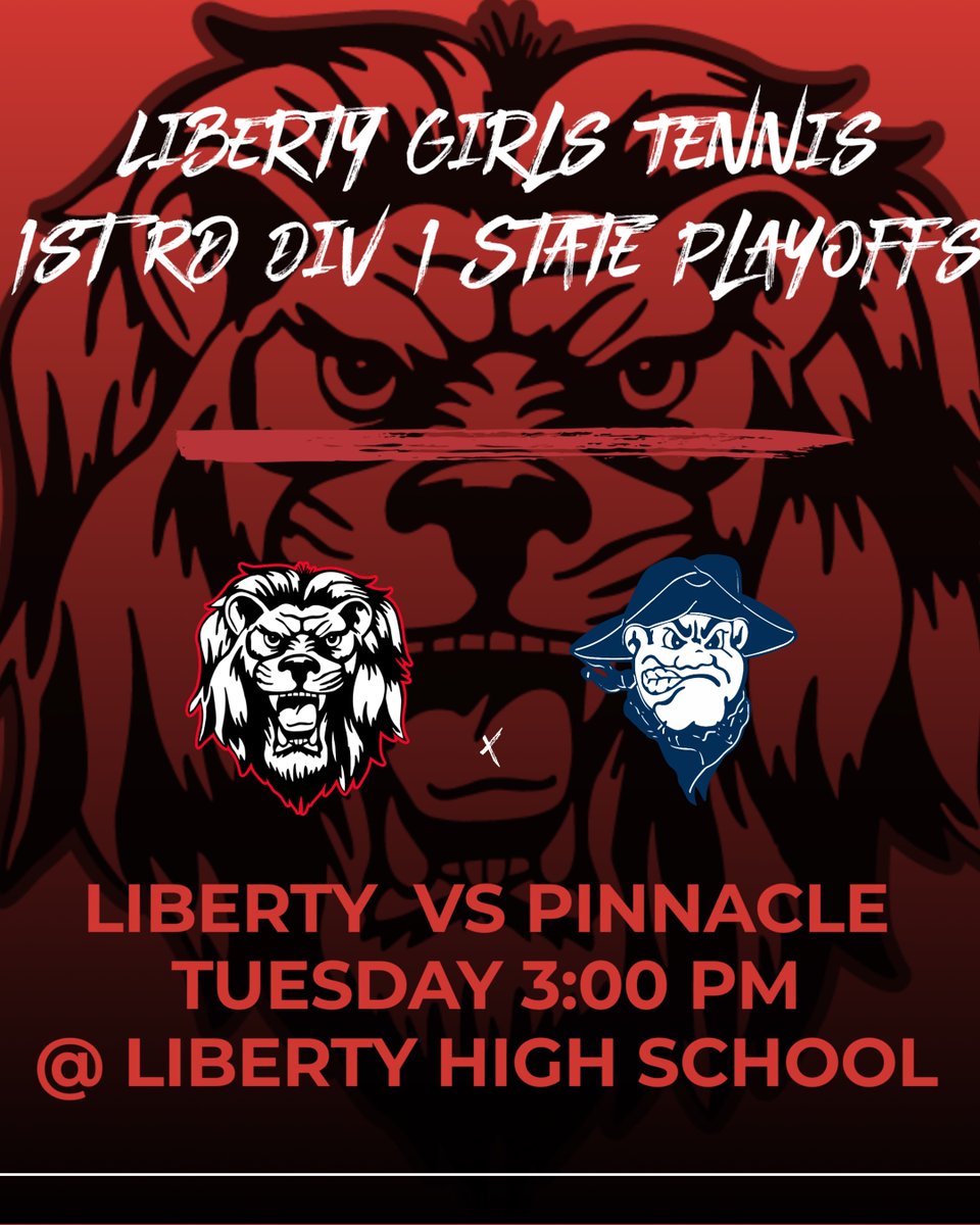Come out and support your lady lions Tennis team as they host Pinnacle in the first rd of state tournament here at Liberty at 3:00 PM Tuesday.  #WeAreLiberty