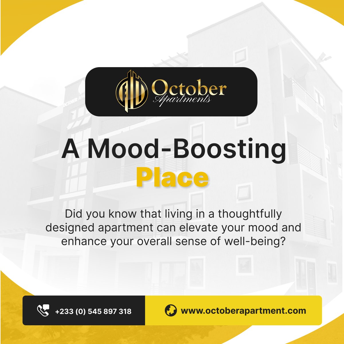 Research shows that elements such as natural light, open floor plans, and modern amenities commonly found in upscale apartments have a profound impact on our emotions and mental health. 

#OctoberApartments #LuxuryApartmentInKasoa #AccraGhana #HolidayHomes #StaycationIdeas