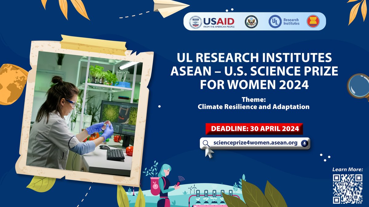 Time's ticking! 📷 Apply for the 2024 #SciencePrize for Women by April 30! @USAIDAsia, @ULResearchInst & @ASEAN are seeking trailblazers in #ClimateResilience and #Adaptation. Could $12,500 be yours to further research goals? Act now!

#USAIDASEAN #WomenInSTEM