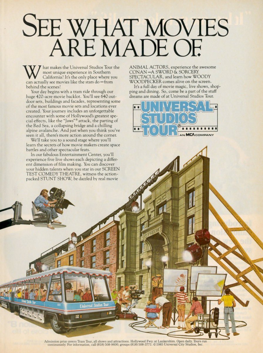 1985 advertisement for Universal Studios Hollywood

“You’ll see 640 out-door sets, buildings and facades, representing some of the most famous movie sets and locations ever created.” @UniStudios