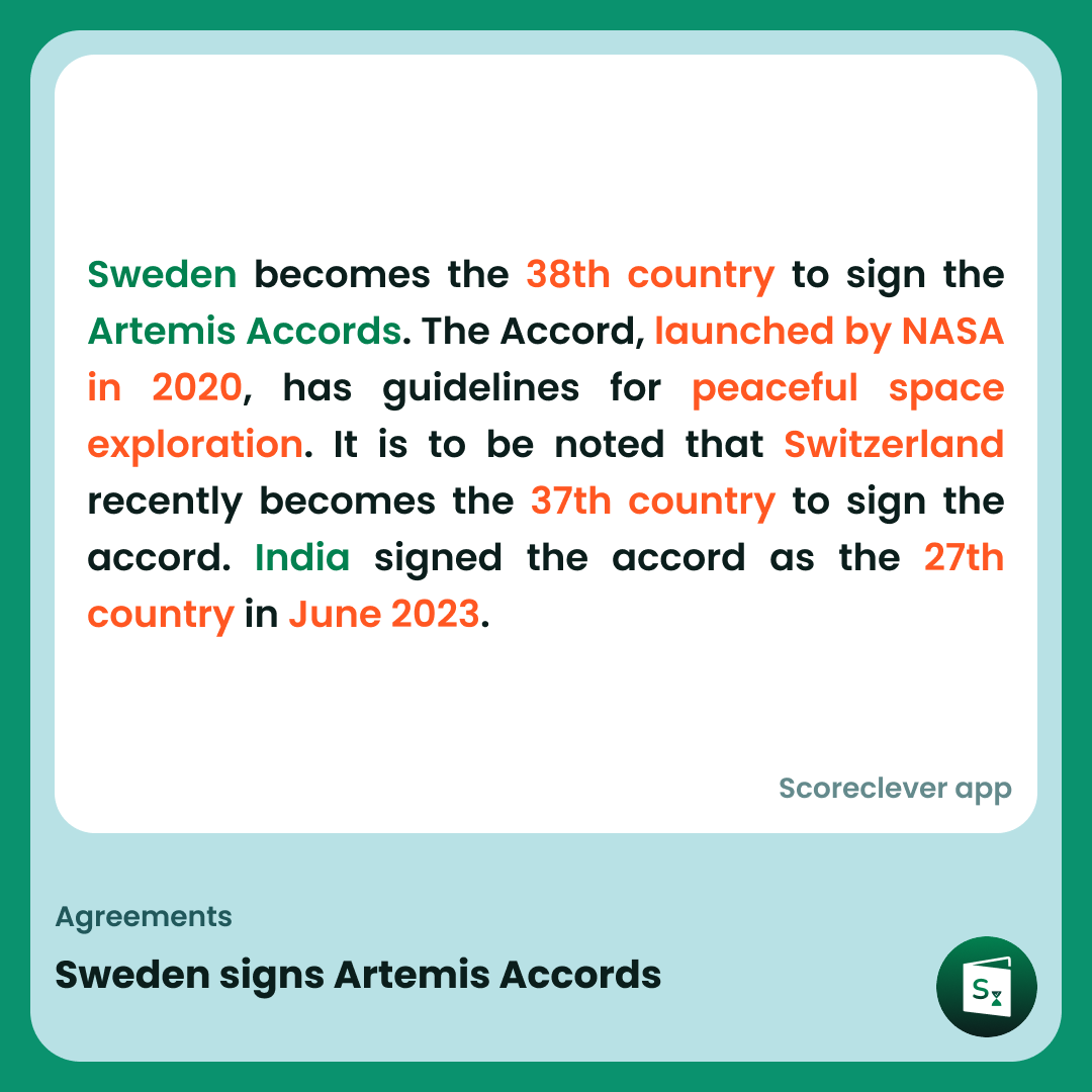🟢🟠 𝐈𝐦𝐩𝐨𝐫𝐭𝐚𝐧𝐭 𝐍𝐞𝐰𝐬: Sweden signs Artemis Accords

Follow Scoreclever News for more

#ExamPrep #UPSC #IBPS #SSC #GovernmentExams #DailyUpdate #News