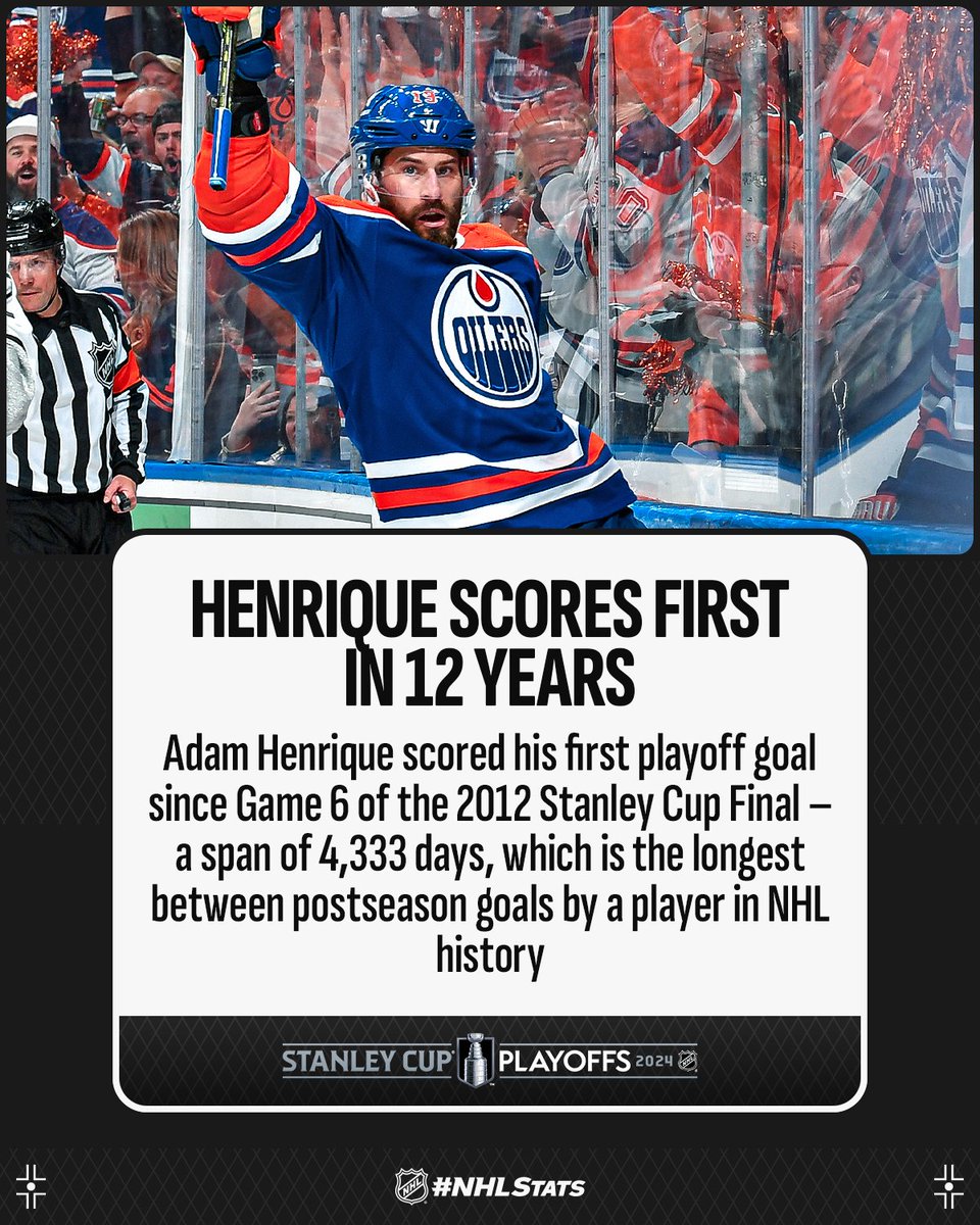 NHLPR's tweet photo. After scoring twice in the 2012 #StanleyCup Final, Adam Henrique recorded his first postseason goal in nearly 12 years.

#NHLStats: https://t.co/adr2ikkzNb https://t.co/pcnkBH5hEs