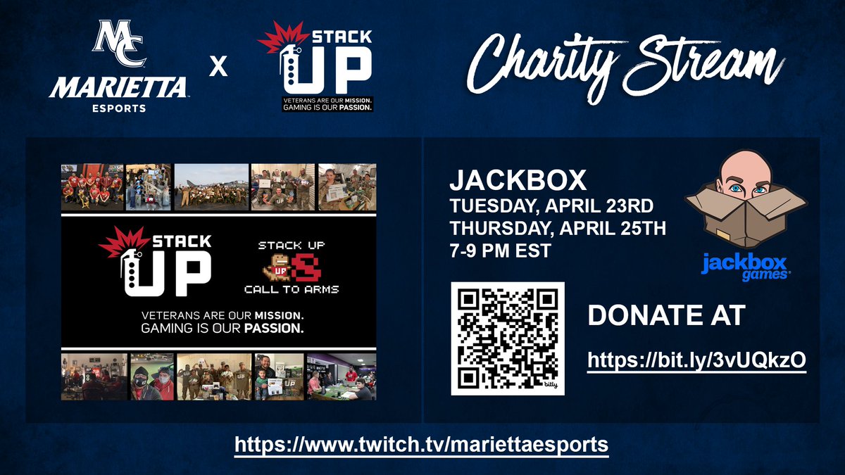 Don't forget that we'll be streaming tonight to help raise funds for Stack Up, which is a non-profit supporting the mental health of veterans through gaming. Join us at 7 PM at twitch.tv/mariettaesports for some Jackbox. Donations can be made at bit.ly/3vUQkzO.