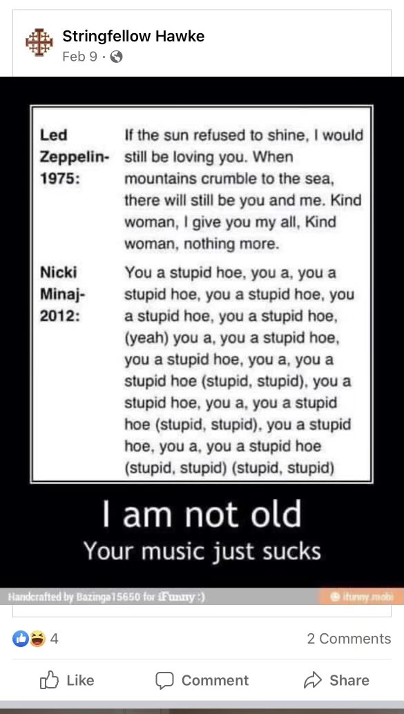 SnipMonkNow's tweet photo. My mom sent me this meme. It’s sorta charming, how it makes its rounds every few months, returning like an old friend. This meme watched me grow up. And yet after all this time I still don’t understand, even if today’s music sucks, why would that make you not old? https://t.co/4n72D5qool