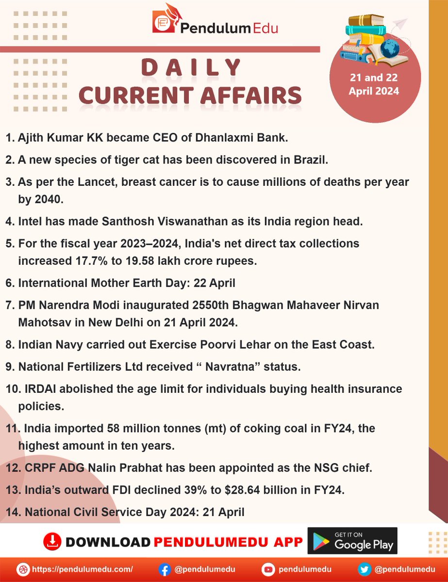 pendulumedu's tweet photo. Read Daily Current Affairs of 22 April 2024 - https://t.co/jcFO7Rks0z
#DailyCurrentAffairs #22aprilcurrentaffairs #ajithkumarkk #dhanlaxmibank #tigercat #lancet #breastcancer #intel #santhoshviswanathan #netdirecttaxcollection #bhagwanmahaveernirvanmahotsav #poorvilehar https://t.co/3PRdyokBhf