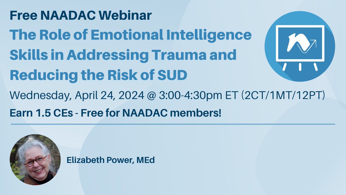 Explore the skills common to emotional intelligence and trauma informed responses on a free NAADAC webinar on Wednesday, April 24 at 3:00pm ET with presenter Elizabeth Power, Med. bit.ly/3w5Mm7K